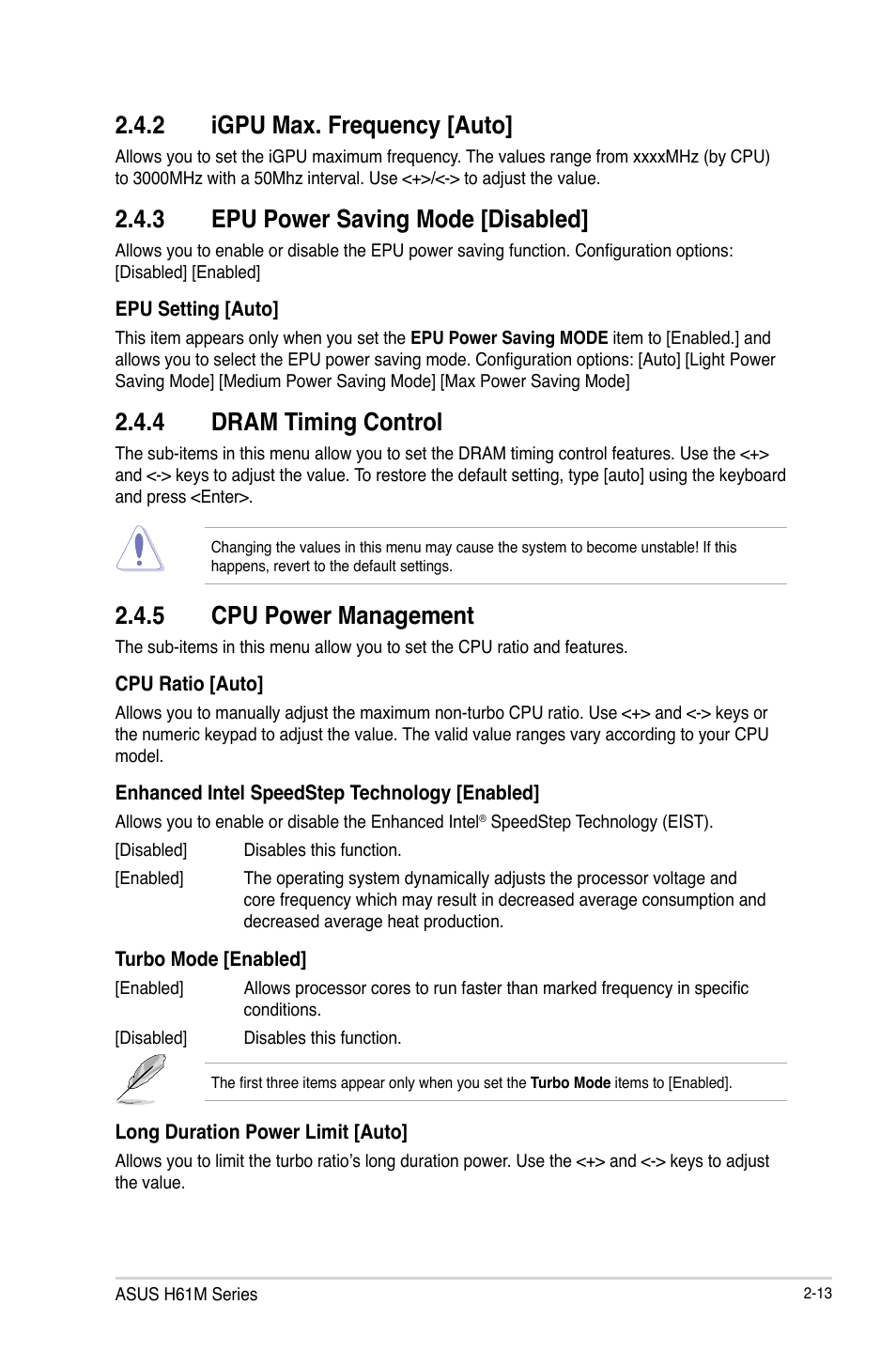 2 igpu max. frequency [auto, 3 epu power saving mode [disabled, 4 dram timing control | 5 cpu power management, Igpu max. frequency [auto] -13, Epu power saving mode [disabled] -13, Dram timing control -13, Cpu power management -13 | Asus H61M-PLUS User Manual | Page 53 / 80