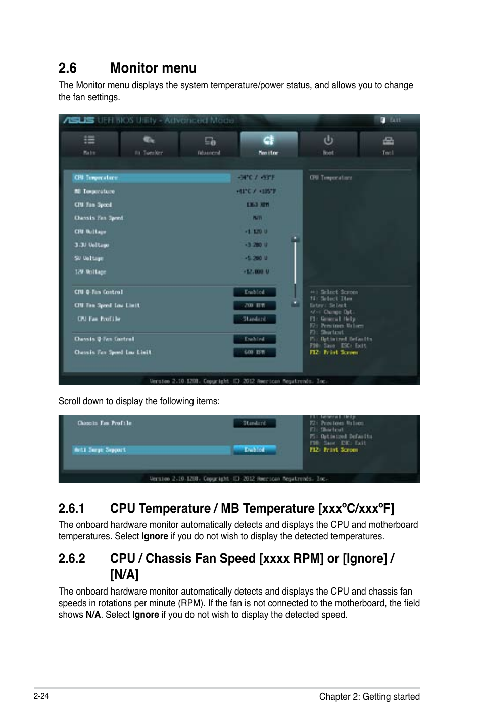 6 monitor menu, 1 cpu temperature / mb temperature [xxxºc/xxxºf, Monitor menu -24 2.6.1 | Cpu temperature / mb temperature [xxxºc/xxxºf] -24 | Asus H61M-PLUS User Manual | Page 64 / 80