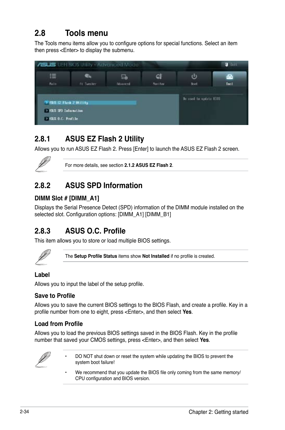 8 tools menu, 1 asus ez flash 2 utility, 2 asus spd information | 3 asus o.c. profile, Tools menu -34 2.8.1, Asus ez flash 2 utility -34, Asus spd information -34, Asus o.c. profile -34 | Asus H61M-PLUS User Manual | Page 74 / 80