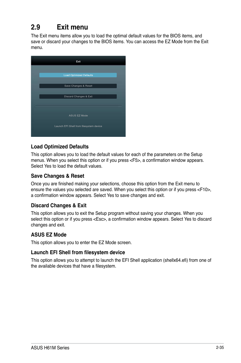 9 exit menu, Exit menu -35 | Asus H61M-PLUS User Manual | Page 75 / 80