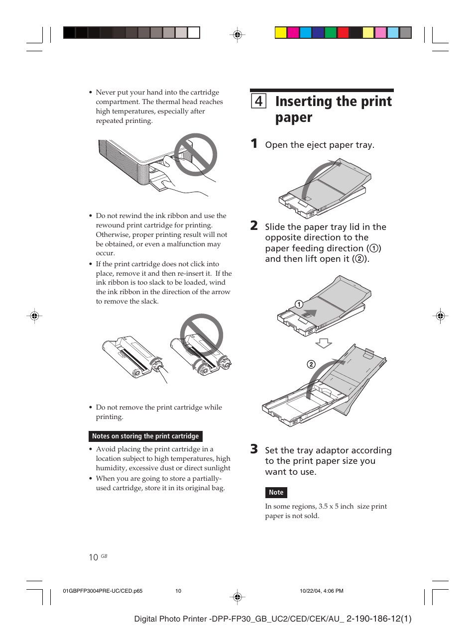 4 inserting the print paper, Paper tray, Printing images from | 4inserting the print paper | Sony DPP-FP30 User Manual | Page 10 / 52