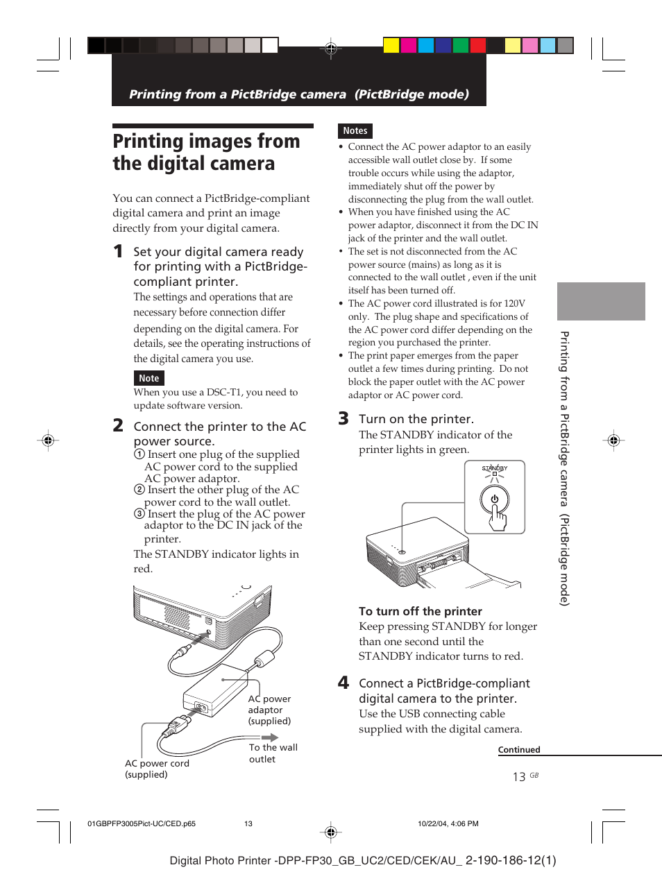 Printing images from the digital camera, Pictbridge-compliant digital camera, To ac outlet | Dc in jack, From a pictbridge-compliant digital camera, Standby indicator, Printing from a pc (pc mode), Installing the software, System requirements | Sony DPP-FP30 User Manual | Page 13 / 52