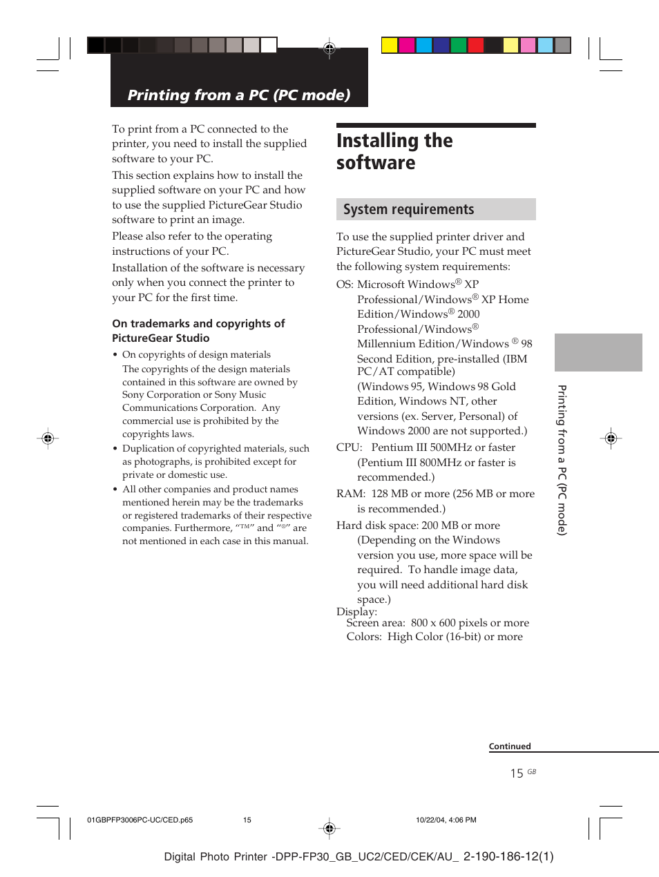 Printing from a pc (pc mode), Installing the software, System requirements | Uninstalling the printer driver, Uninstalling the picturegear studio | Sony DPP-FP30 User Manual | Page 15 / 52