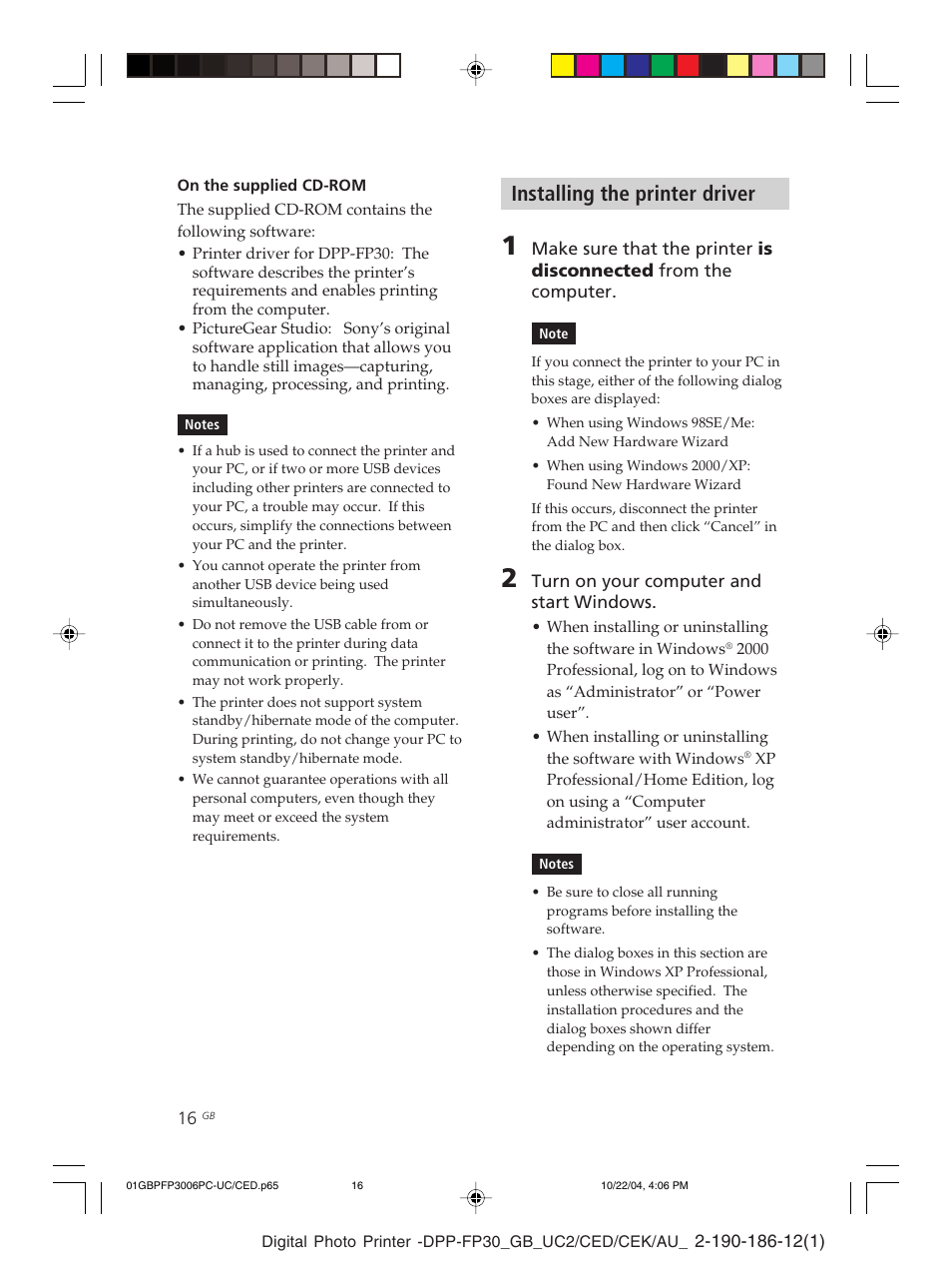 Installing the printer driver, Printer driver | Sony DPP-FP30 User Manual | Page 16 / 52