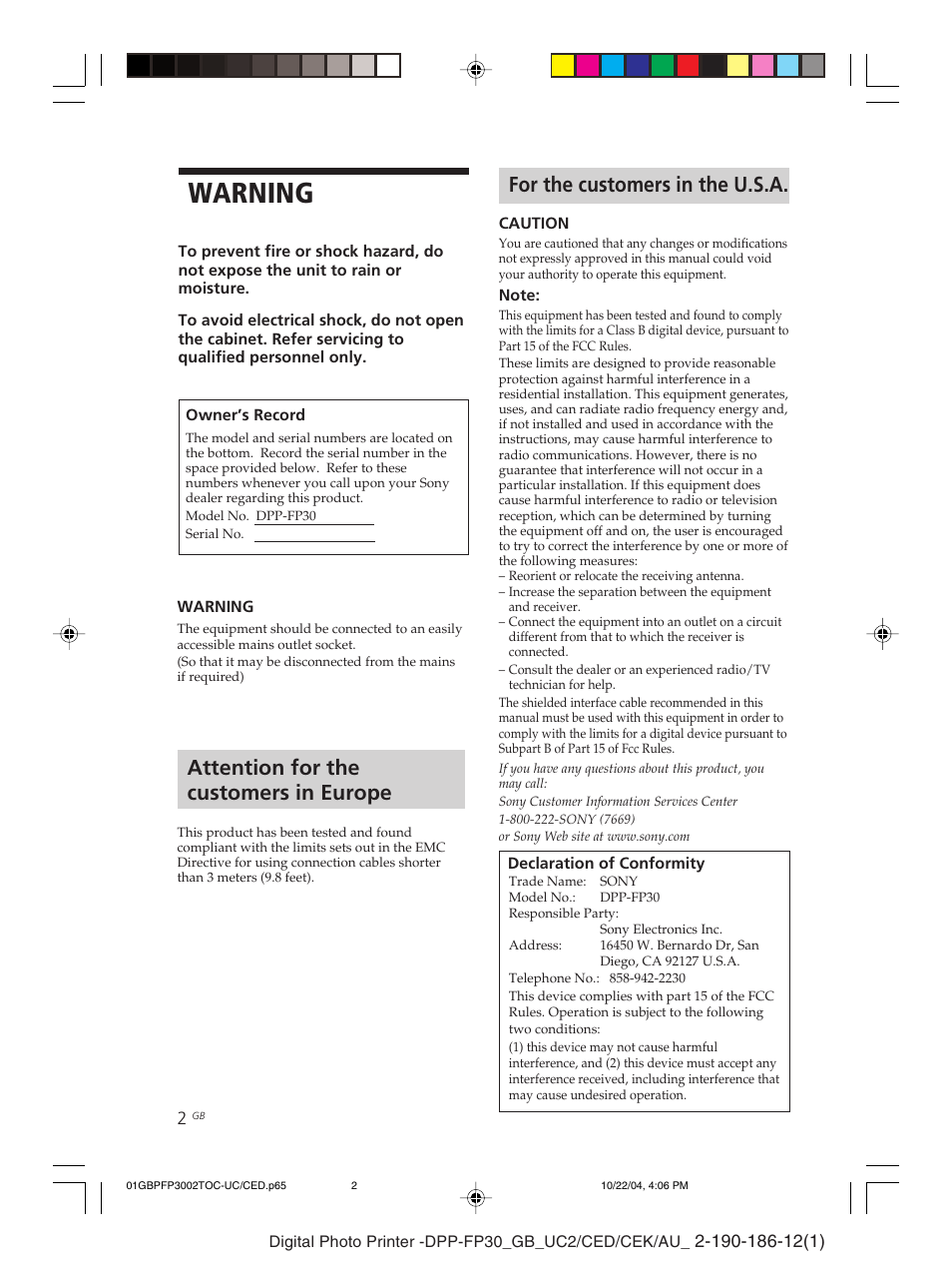 Warning, For the customers in the u.s.a, Attention for the customers in europe | Sony DPP-FP30 User Manual | Page 2 / 52