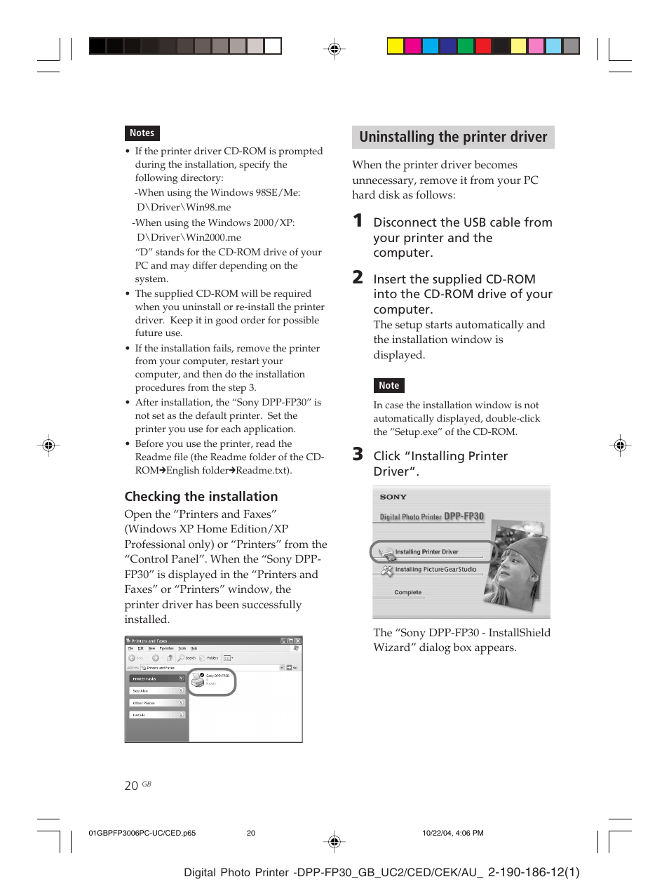 Uninstalling the printer driver, Printer driver | Sony DPP-FP30 User Manual | Page 20 / 52