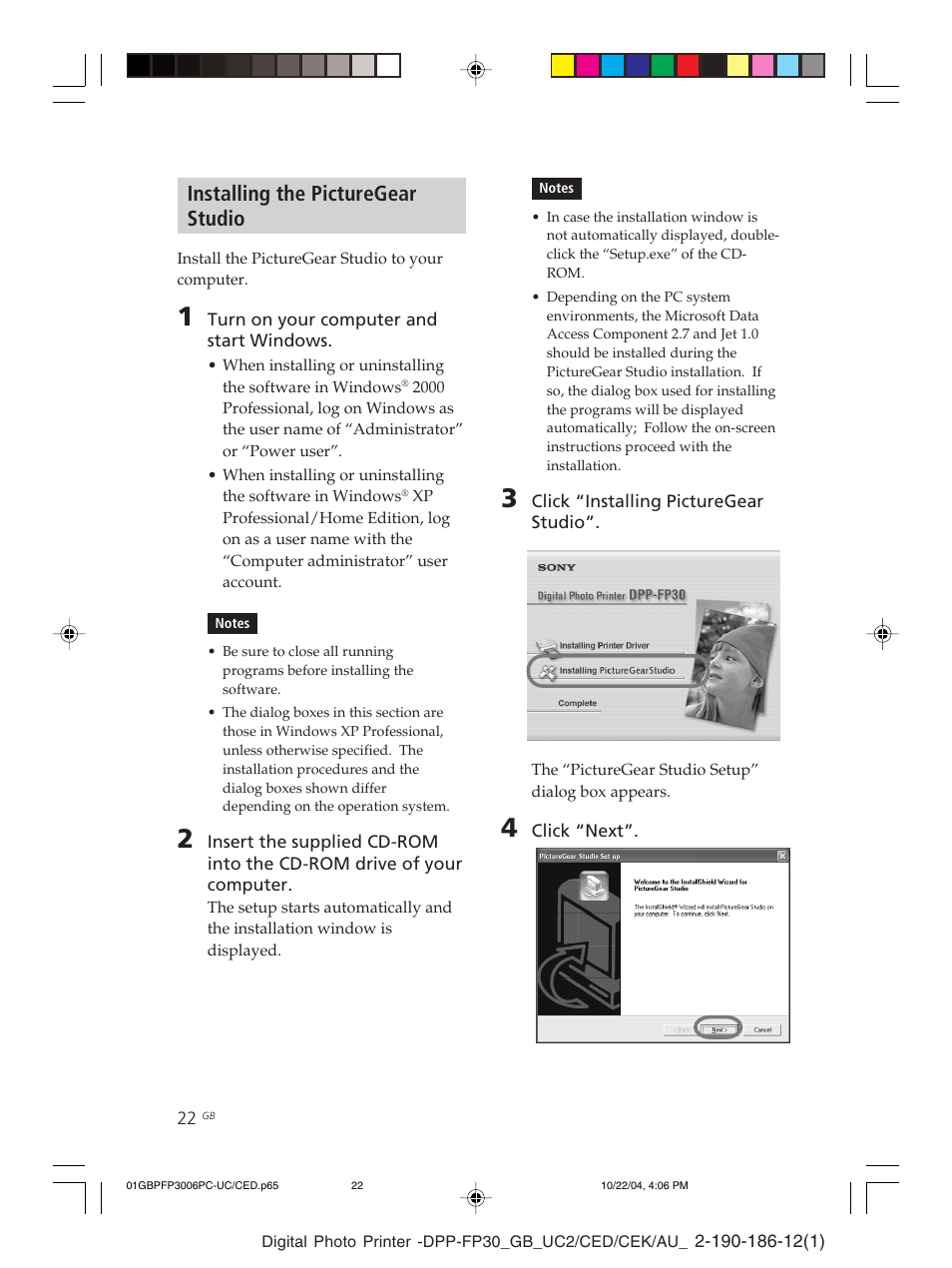 Installing the picturegear studio, Picture gear studio | Sony DPP-FP30 User Manual | Page 22 / 52