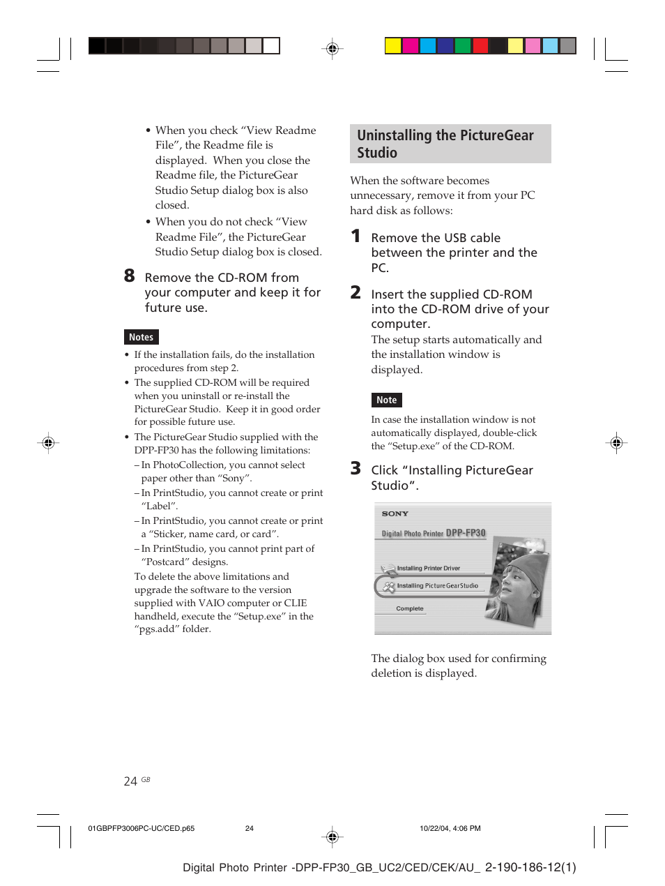 Uninstalling the picturegear studio, Picture gear studio | Sony DPP-FP30 User Manual | Page 24 / 52