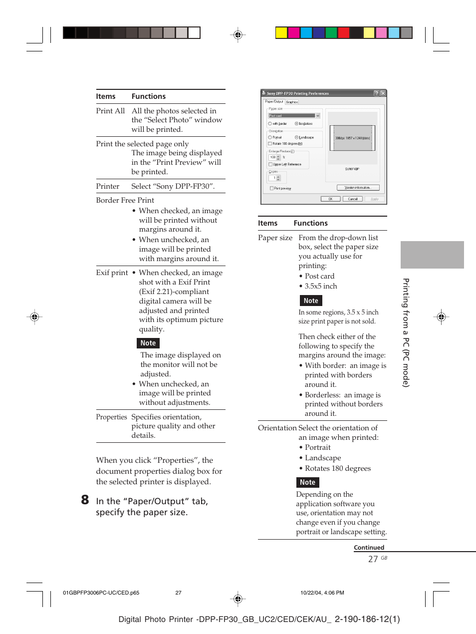 Border/borderless print, Orientation | Sony DPP-FP30 User Manual | Page 27 / 52