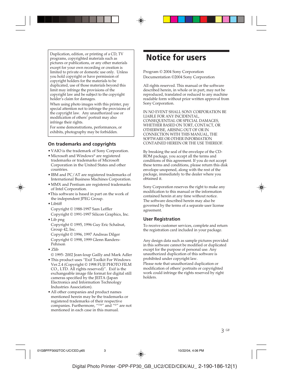 Notice for users | Sony DPP-FP30 User Manual | Page 3 / 52