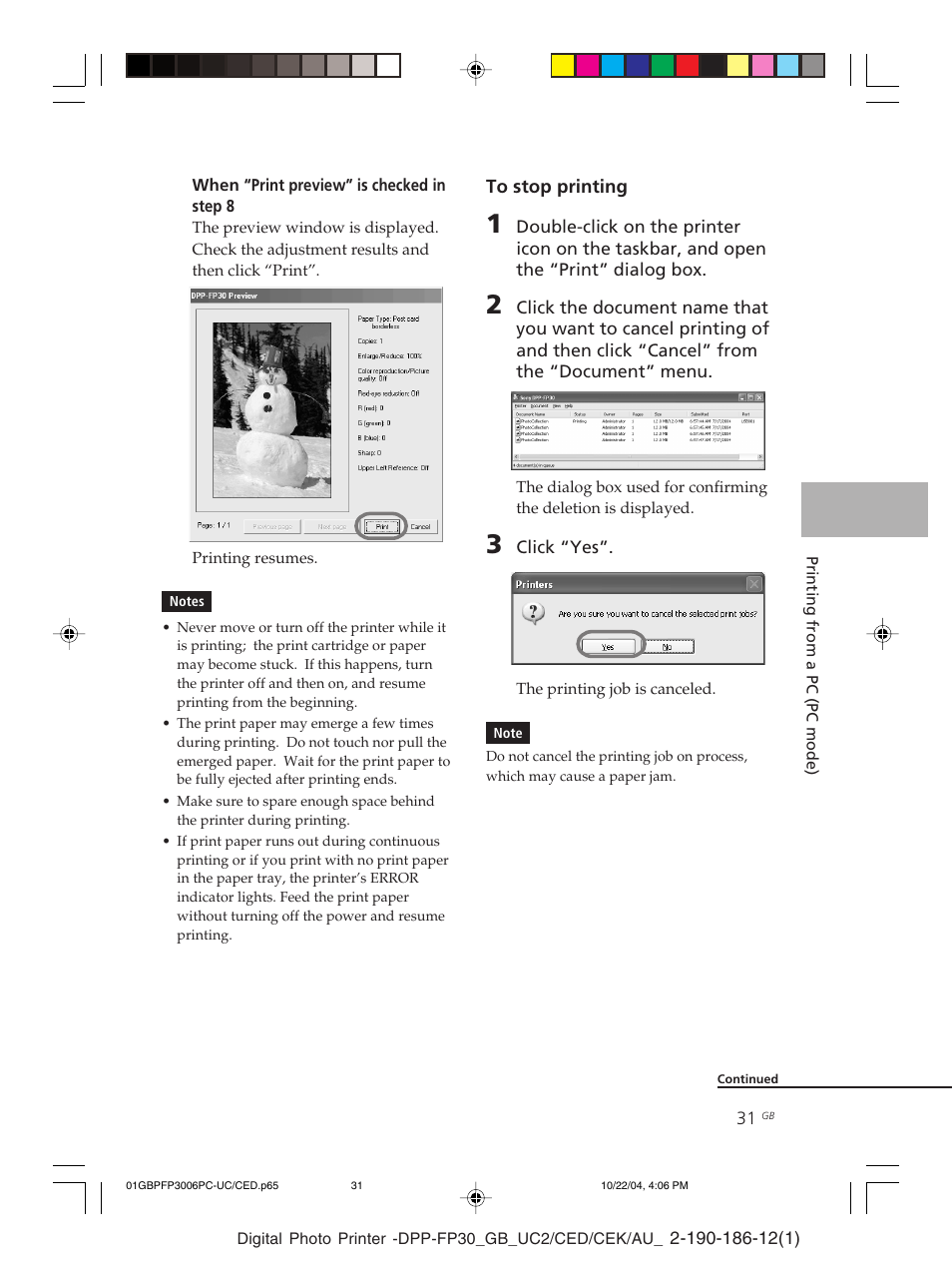 Preview, Stop printing | Sony DPP-FP30 User Manual | Page 31 / 52