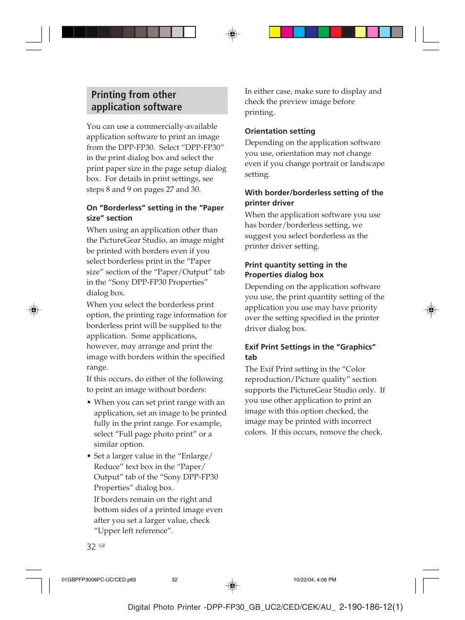 Printing from other application software | Sony DPP-FP30 User Manual | Page 32 / 52