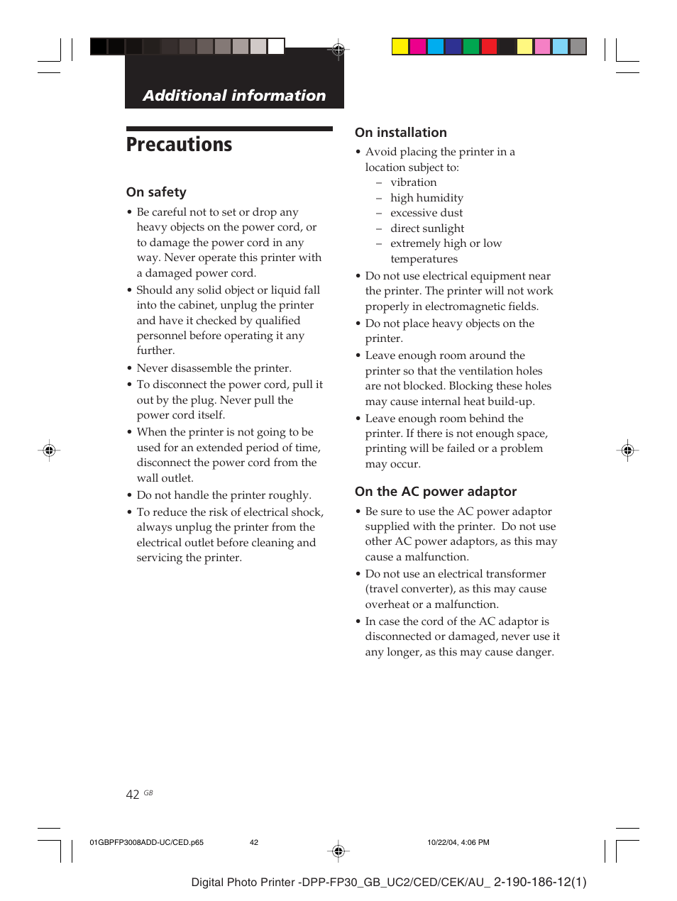 Additional information, Precautions, Printing range | Glossary, Identifying the parts | Sony DPP-FP30 User Manual | Page 42 / 52