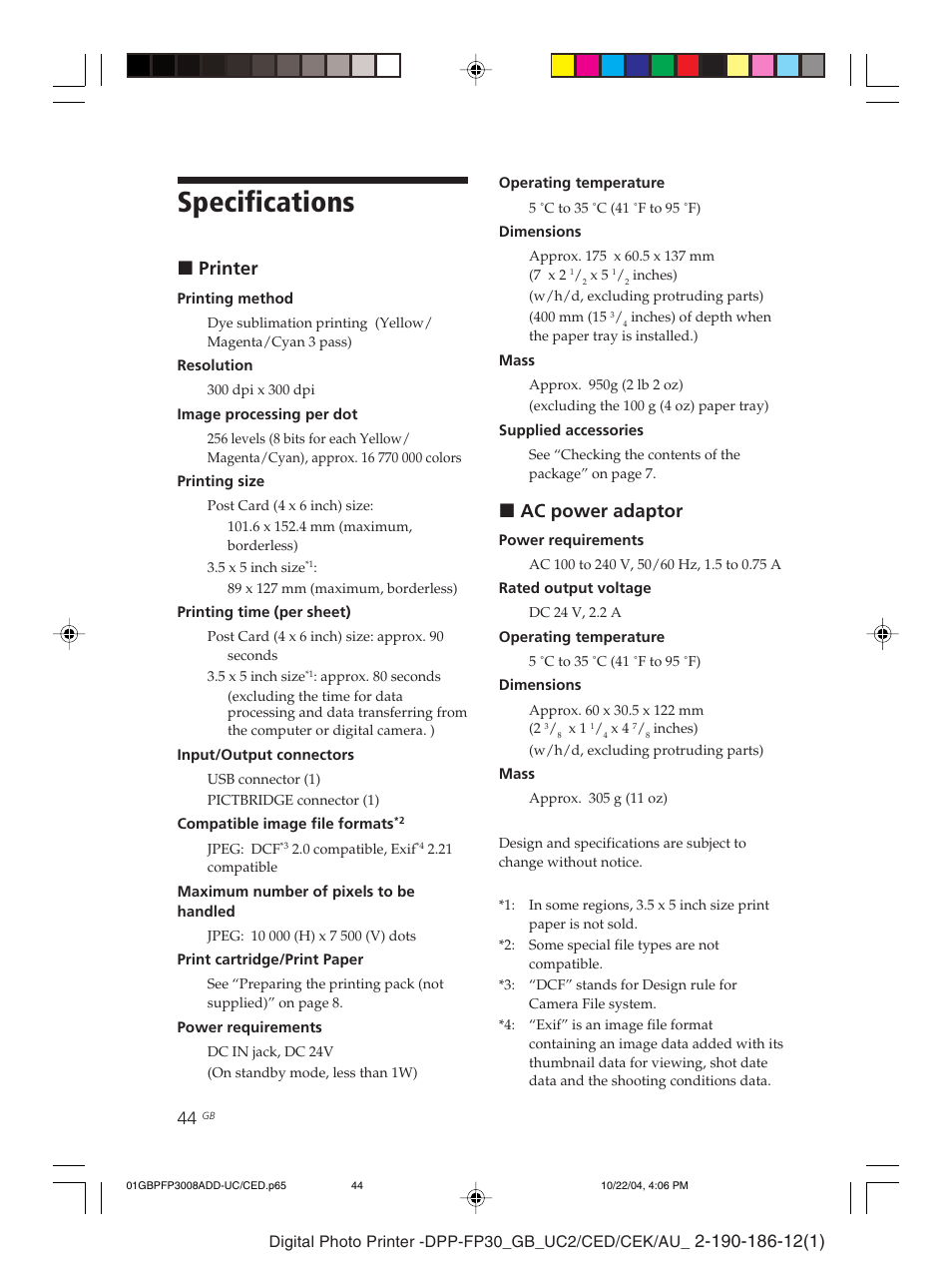 Specifications, Index, Xprinter | Xac power adaptor | Sony DPP-FP30 User Manual | Page 44 / 52