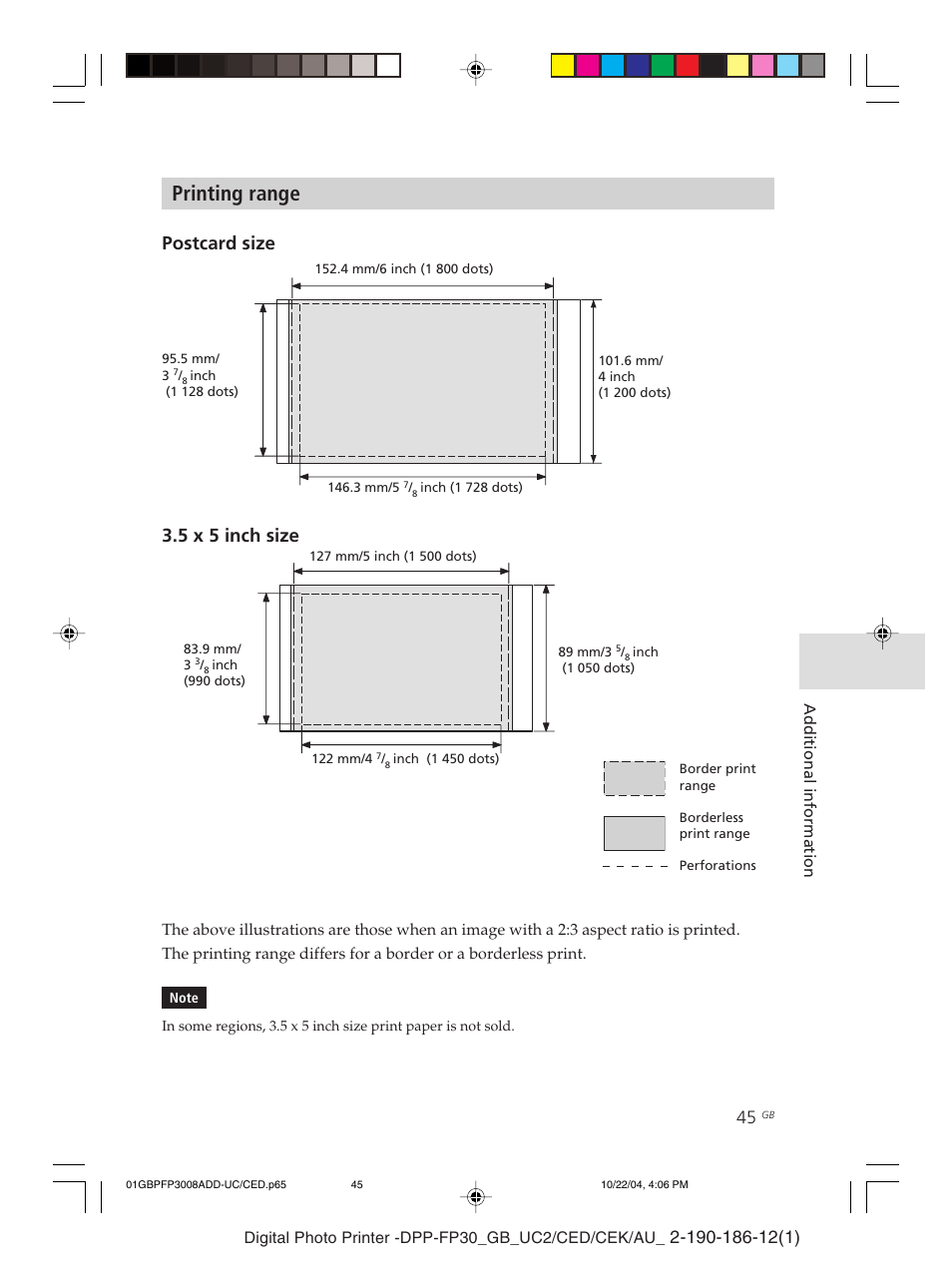 Printing range, Postcard size 3.5 x 5 inch size | Sony DPP-FP30 User Manual | Page 45 / 52