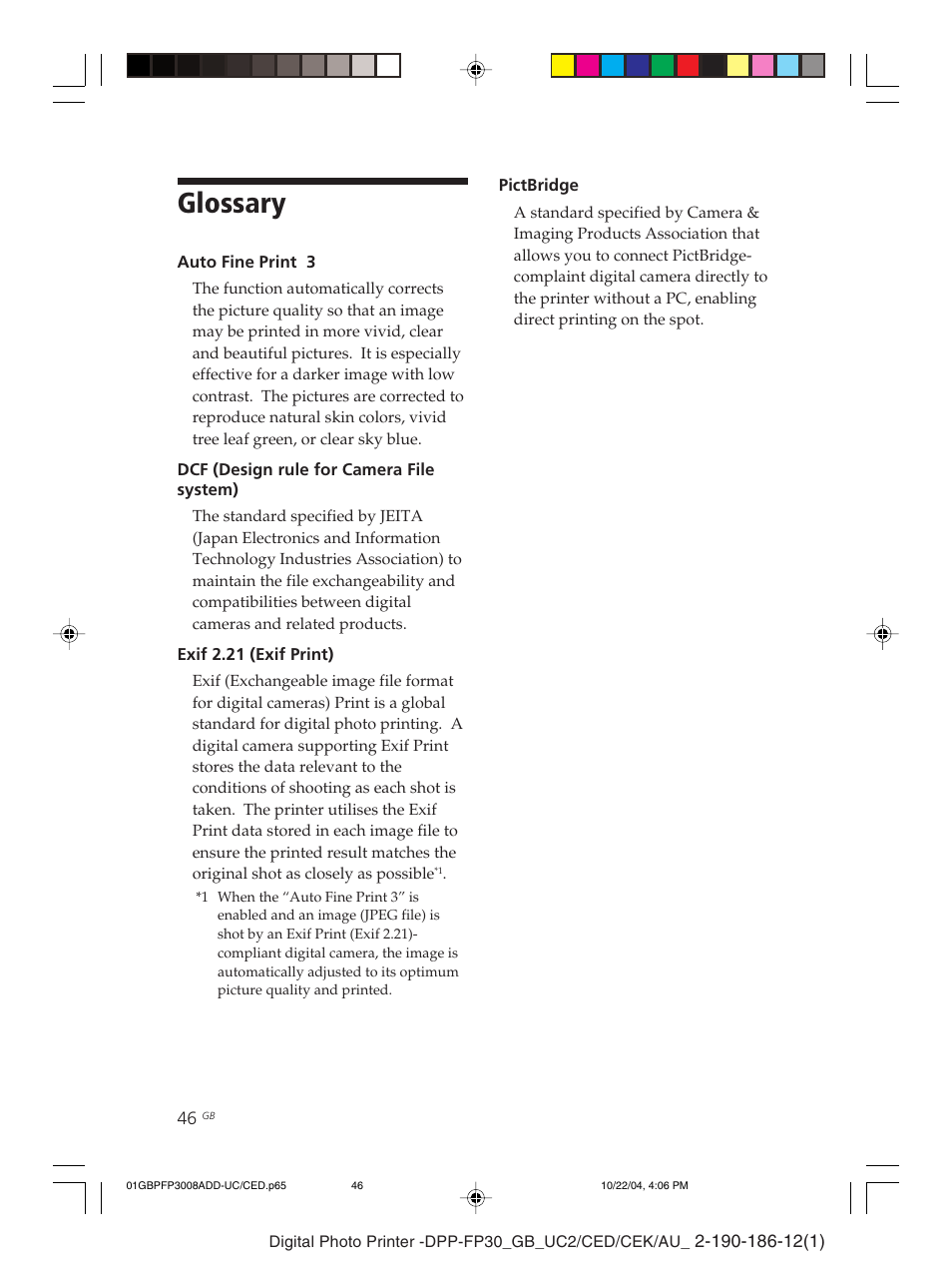 Glossary, Dcf (design rule for camera file system) | Sony DPP-FP30 User Manual | Page 46 / 52