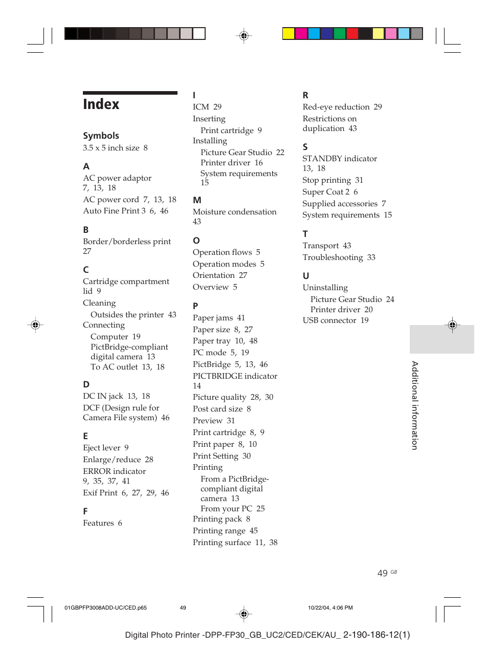 Index, Symbols, Cleaning | Connecting, Inserting, Installing, Printing, Uninstalling | Sony DPP-FP30 User Manual | Page 49 / 52