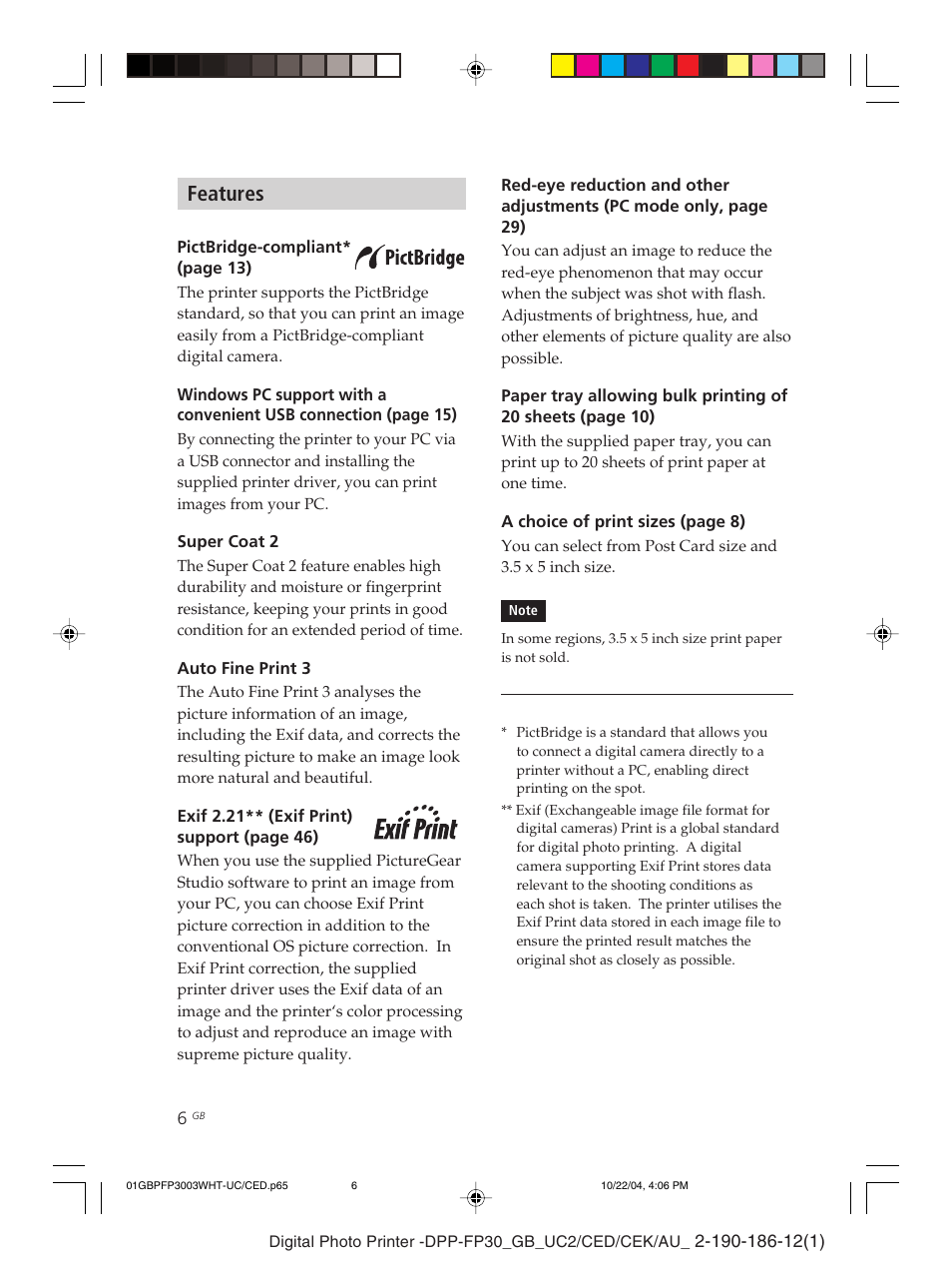 Features, Auto fine print 3, Exif print | Super coat 2, Package | Sony DPP-FP30 User Manual | Page 6 / 52