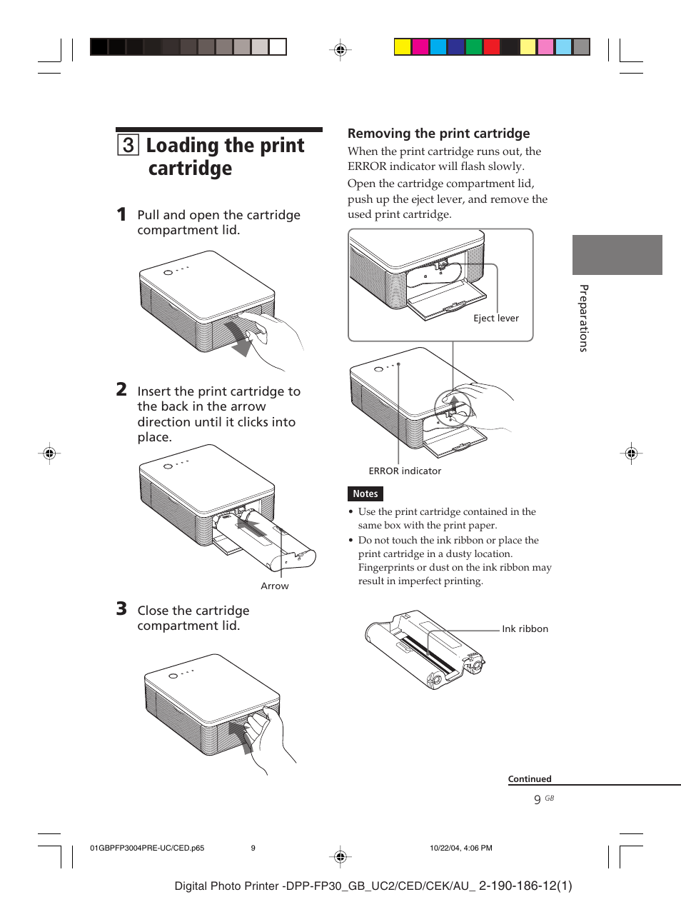 3 loading the print cartridge, Cartridge compartment lid, Eject lever | Error indicator, Print cartridge, 3loading the print cartridge | Sony DPP-FP30 User Manual | Page 9 / 52