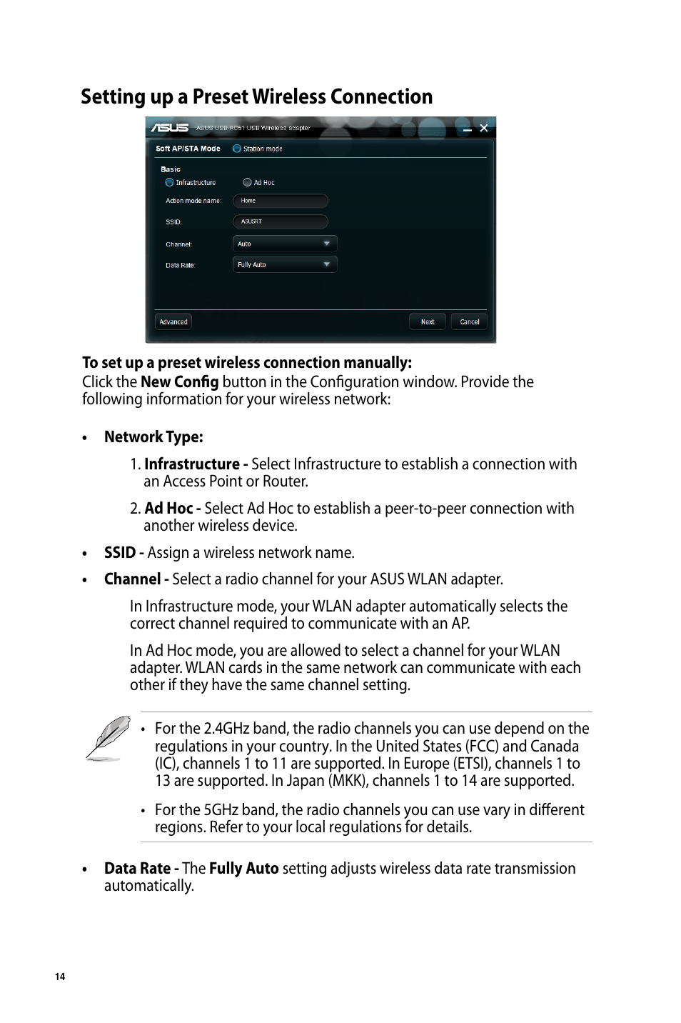 Setting up a preset wireless connection | Asus USB-AC51 User Manual | Page 14 / 36