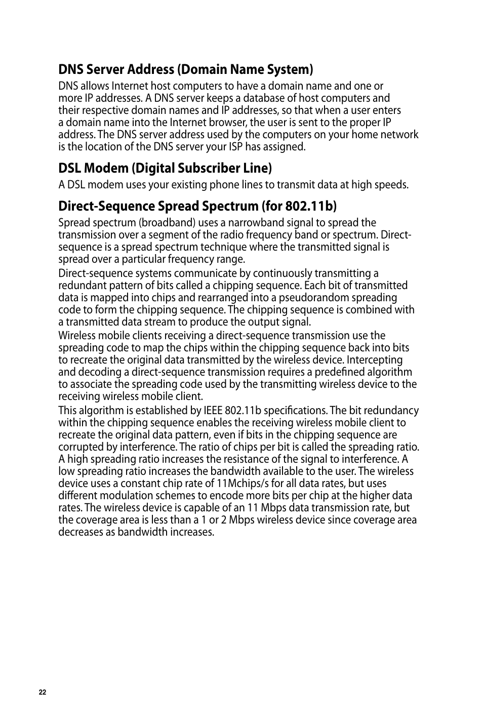 Dns server address (domain name system), Dsl modem (digital subscriber line) | Asus USB-AC51 User Manual | Page 22 / 36