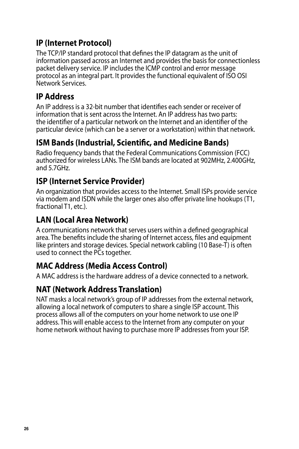 Ip (internet protocol), Ip address, Isp (internet service provider) | Lan (local area network), Mac address (media access control), Nat (network address translation) | Asus USB-AC51 User Manual | Page 26 / 36