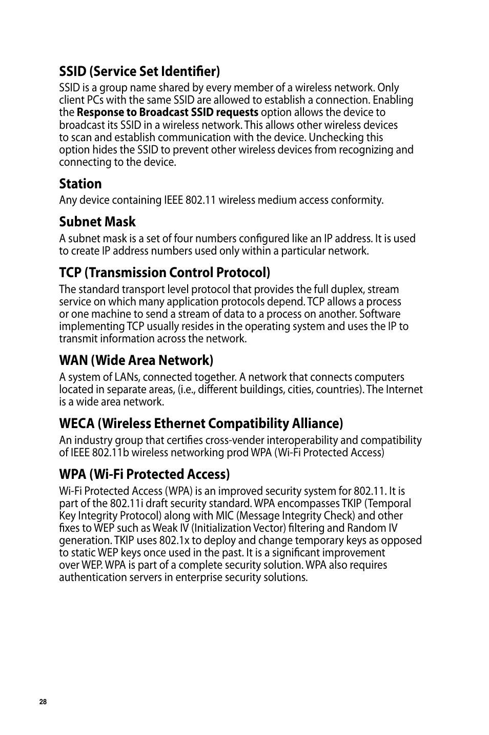 Ssid (service set identifier), Station, Subnet mask | Tcp (transmission control protocol), Wan (wide area network), Weca (wireless ethernet compatibility alliance), Wpa (wi-fi protected access) | Asus USB-AC51 User Manual | Page 28 / 36