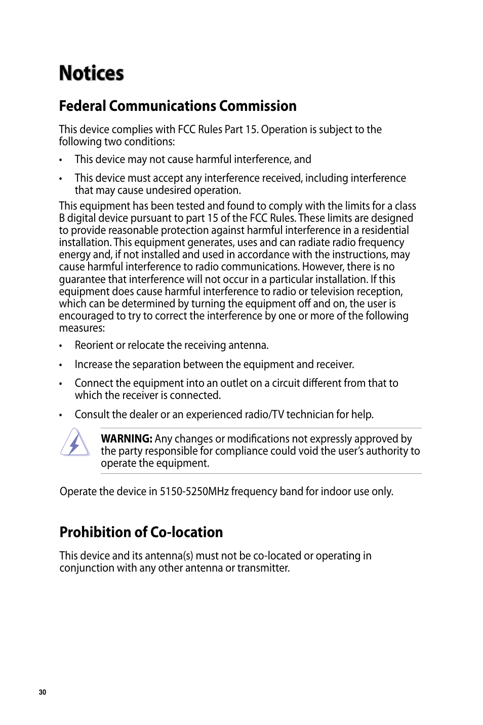 Notices, Federal communications commission, Prohibition of co-location | Asus USB-AC51 User Manual | Page 30 / 36