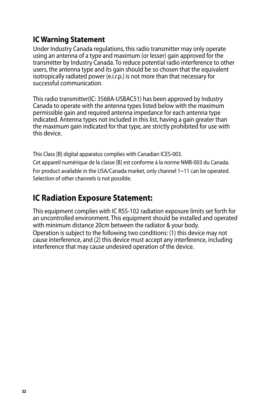 Ic radiation exposure statement, Ic warning statement | Asus USB-AC51 User Manual | Page 32 / 36