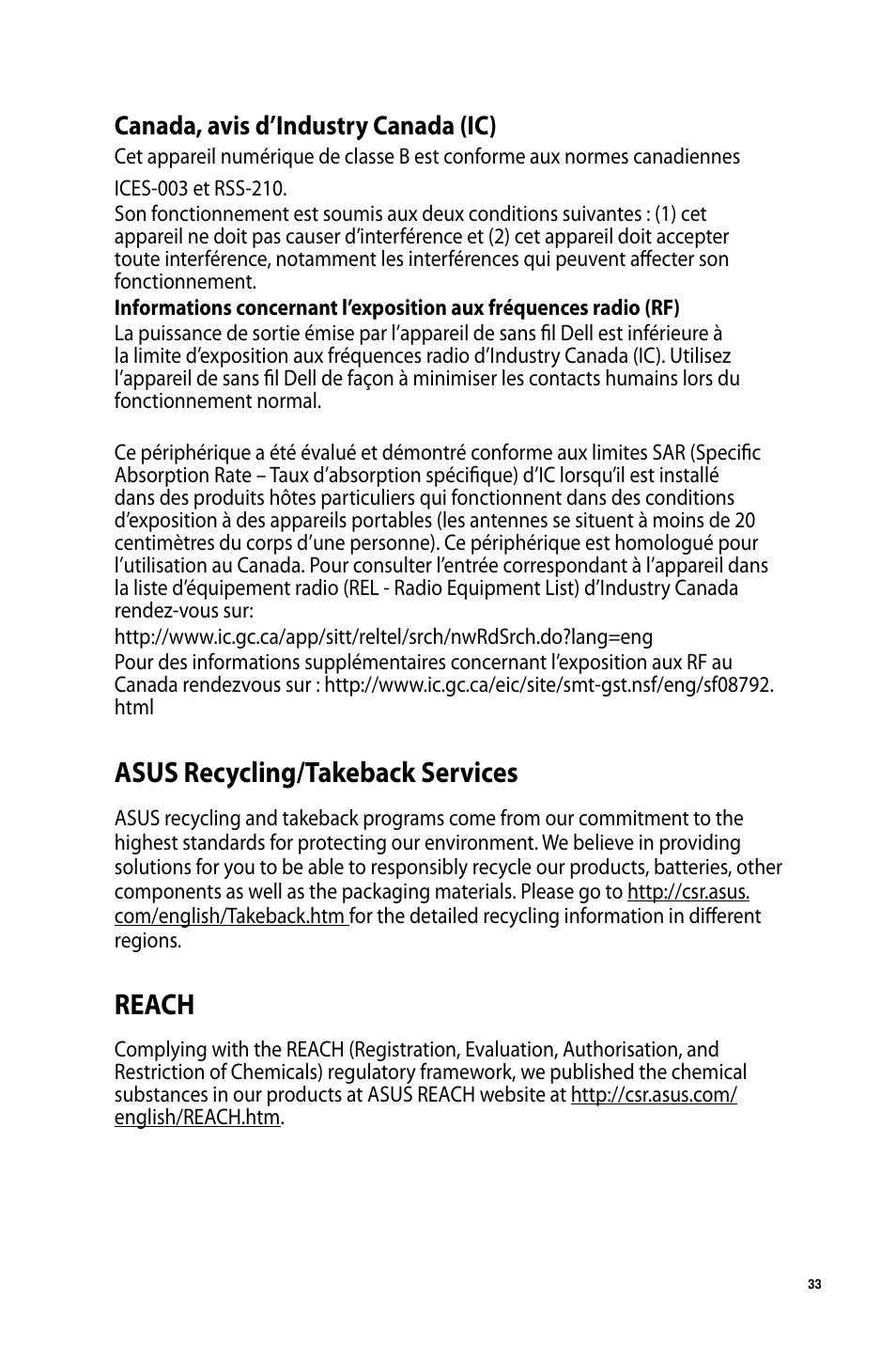 Asus recycling/takeback services, Reach, Canada, avis d’industry canada (ic) | Asus USB-AC51 User Manual | Page 33 / 36