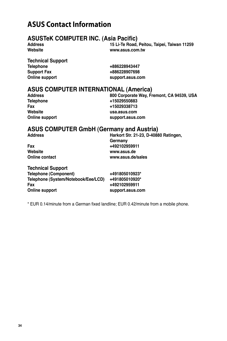Asus contact information, Asustek computer inc. (asia pacific), Asus computer international (america) | Asus computer gmbh (germany and austria) | Asus USB-AC51 User Manual | Page 34 / 36