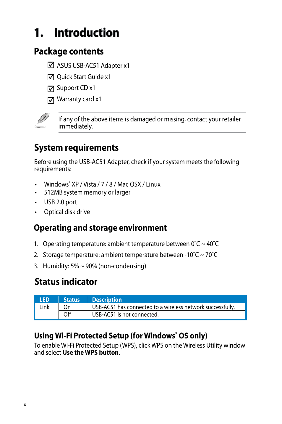 Introduction, Package contents, System requirements | Status indicator, Operating and storage environment, Using wi-fi protected setup (for windows, Os only) | Asus USB-AC51 User Manual | Page 4 / 36