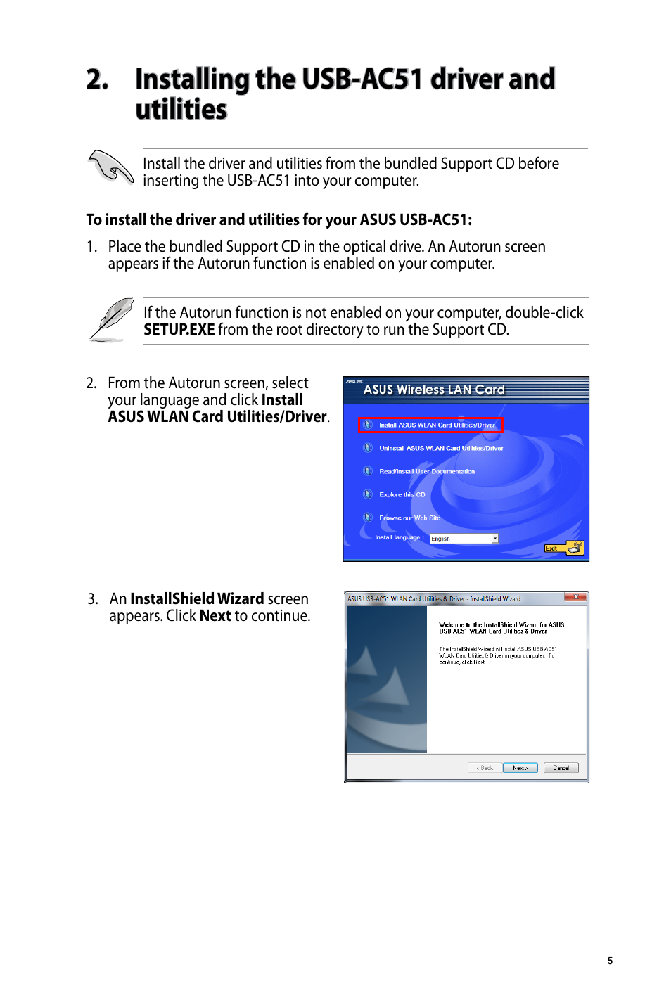 Installing the usb-ac51 driver and utilities | Asus USB-AC51 User Manual | Page 5 / 36