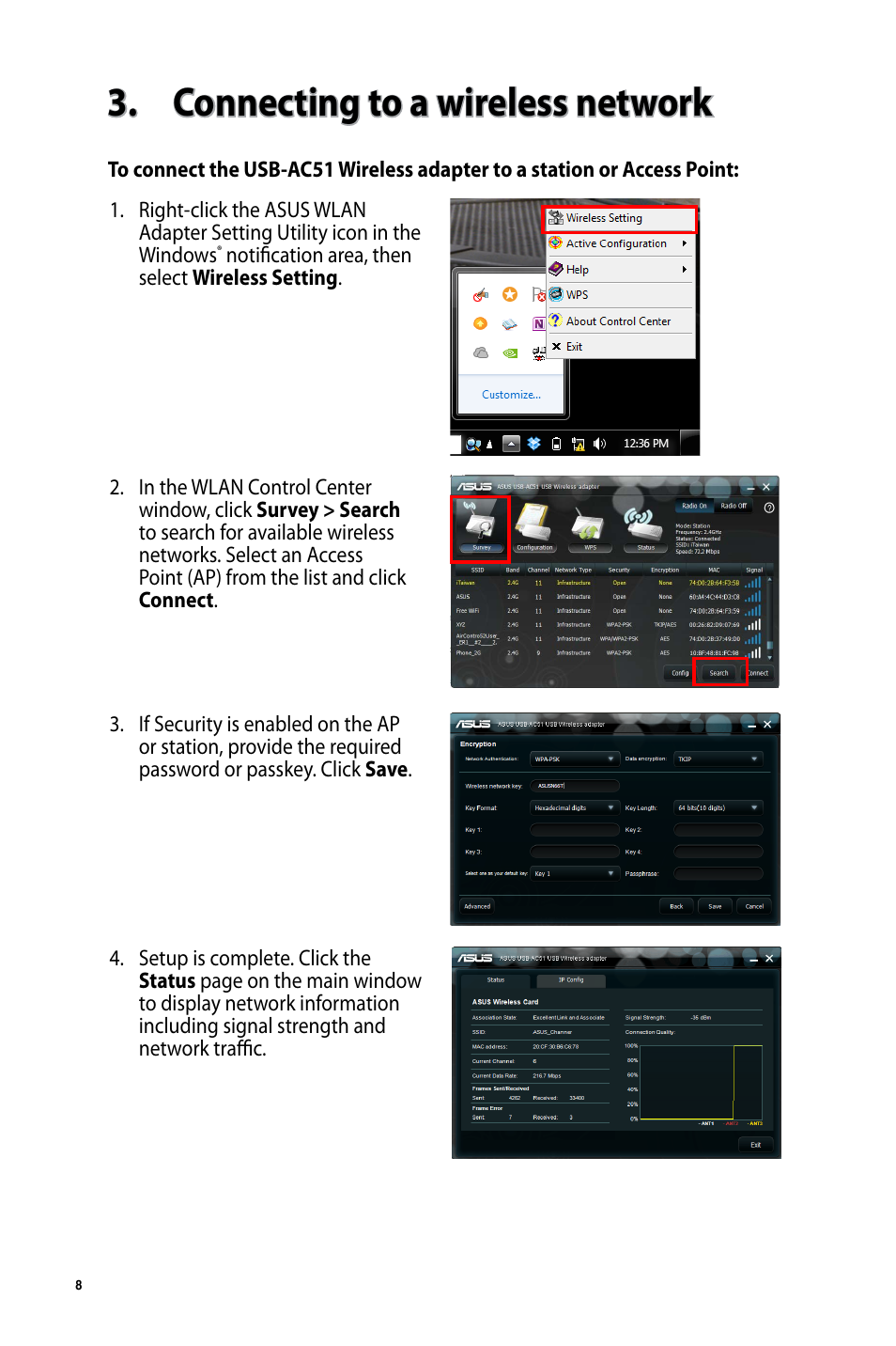 Connecting to a wireless network | Asus USB-AC51 User Manual | Page 8 / 36