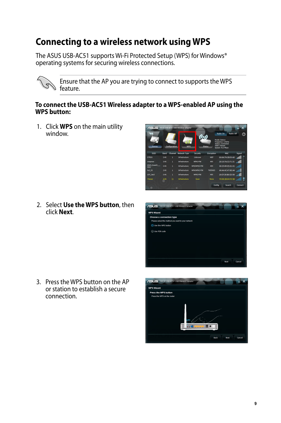 Connecting to a wireless network using wps | Asus USB-AC51 User Manual | Page 9 / 36