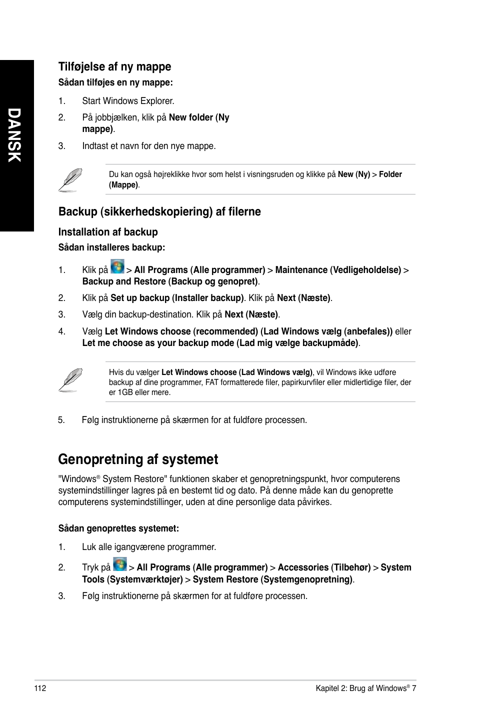 Genopretning af systemet, Da ns k da ns k da ns k da ns k | Asus CG8890 User Manual | Page 114 / 442