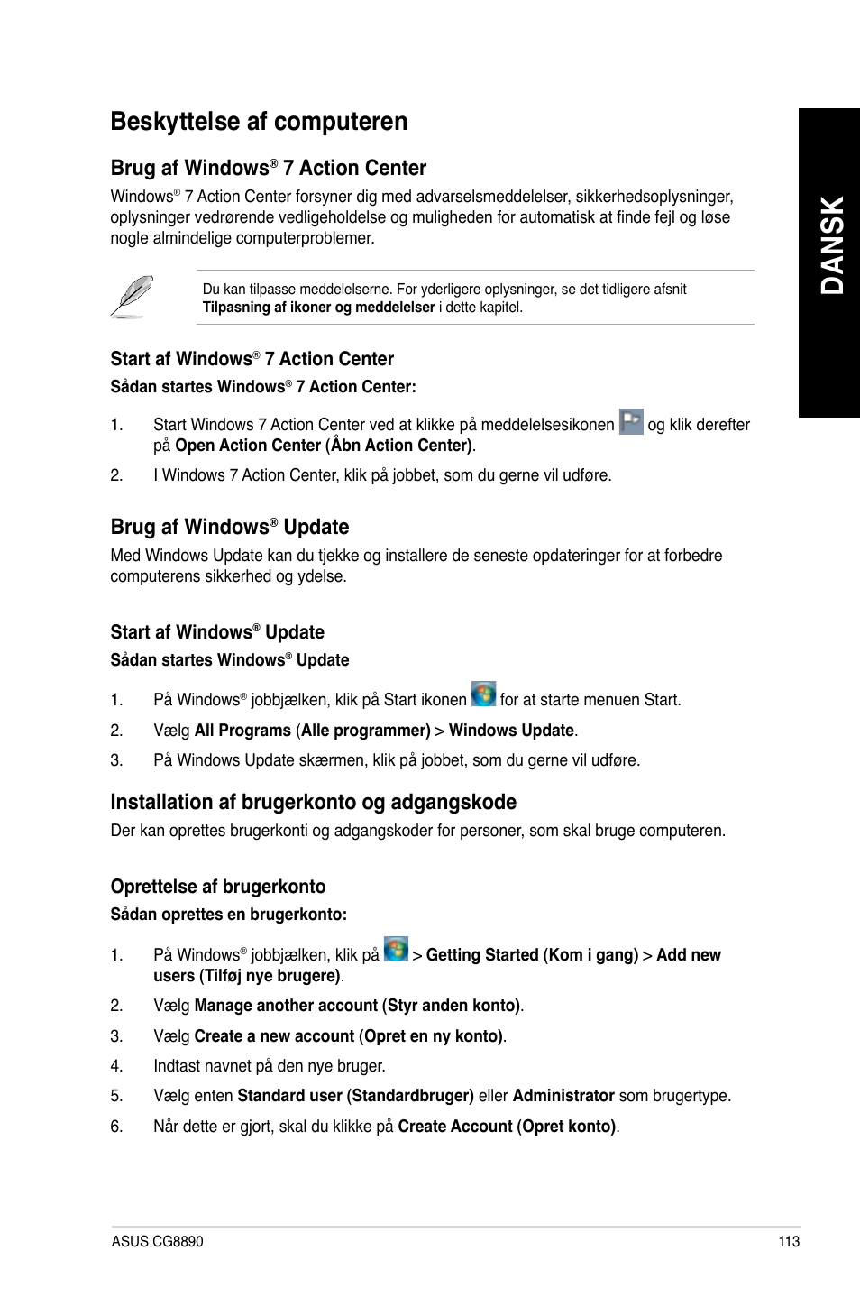 Beskyttelse af computeren, Da ns k da ns k | Asus CG8890 User Manual | Page 115 / 442