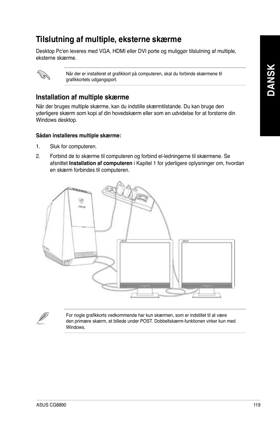 Tilslutning af multiple, eksterne skærme, Da ns k da ns k | Asus CG8890 User Manual | Page 121 / 442