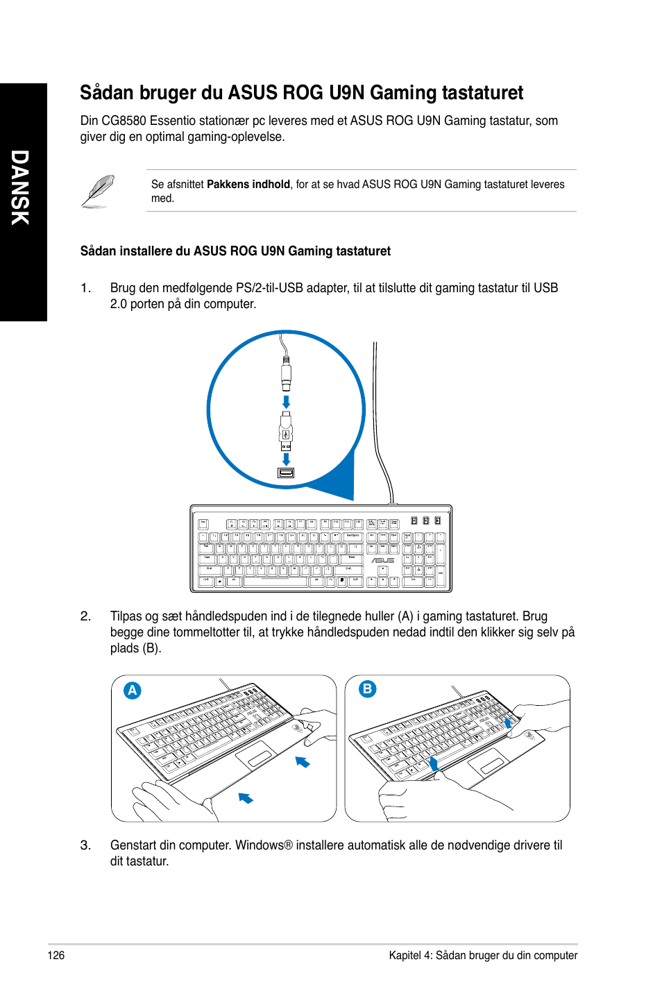 Sådan bruger du asus rog u9n gaming tastaturet, Da ns k da ns k da ns k da ns k | Asus CG8890 User Manual | Page 128 / 442