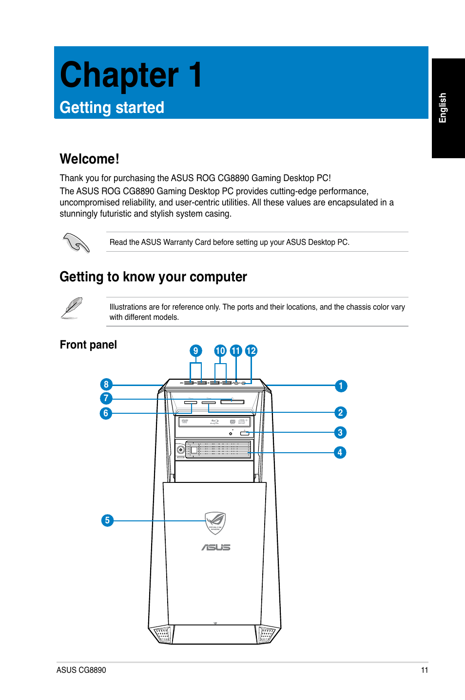 Chapter 1, Getting started, Welcome | Getting to know your computer, Chapter.1, Getting.started, Welcome! getting to know your computer | Asus CG8890 User Manual | Page 13 / 442