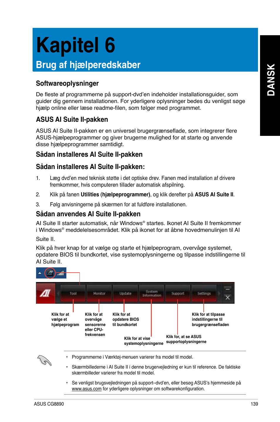 Kapitel 6, Brug af hjælperedskaber, Softwareoplysninger | Asus ai suite ii-pakken, Softwareoplysninger asus ai suite ii-pakken, Da ns k da ns k, Sådan anvendes ai suite ii-pakken | Asus CG8890 User Manual | Page 141 / 442