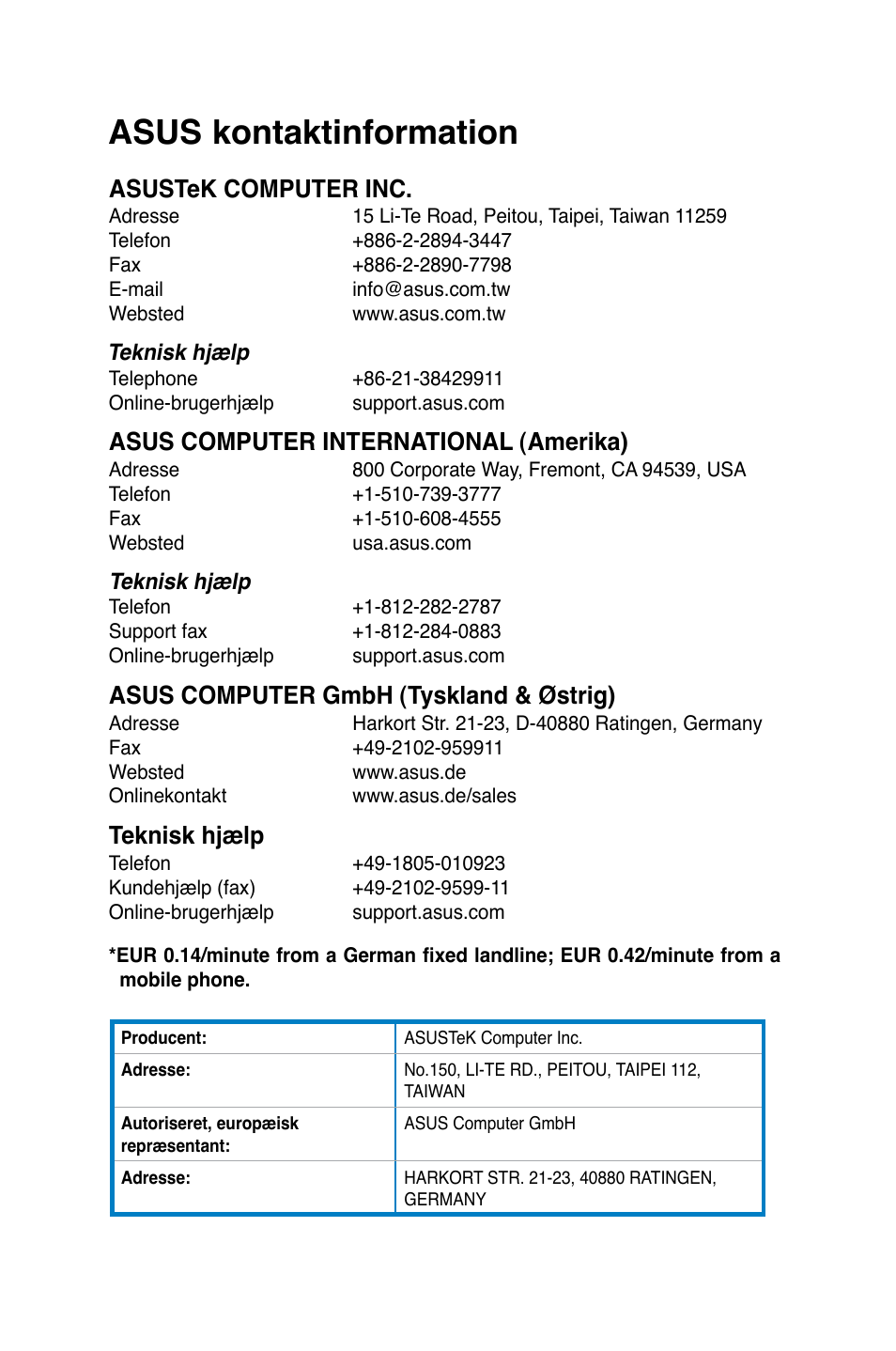 Asus kontaktinformation, Asustek computer inc, Asus computer international (amerika) | Asus computer gmbh (tyskland & østrig), Teknisk hjælp | Asus CG8890 User Manual | Page 178 / 442