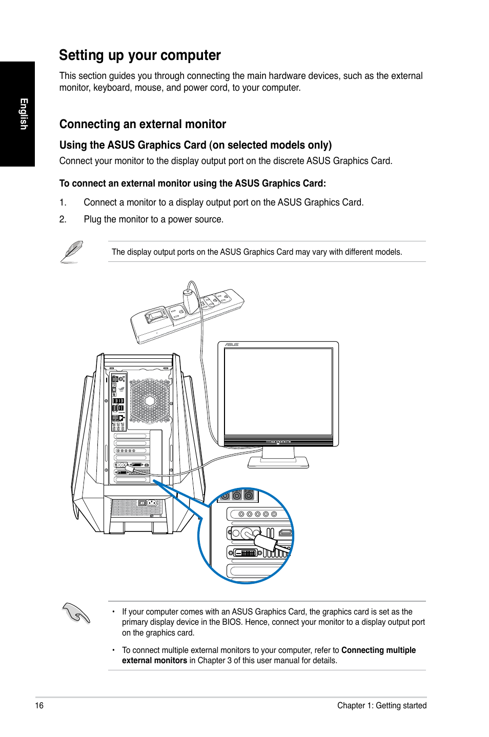 Setting up your computer, Connecting.an.external.monitor | Asus CG8890 User Manual | Page 18 / 442