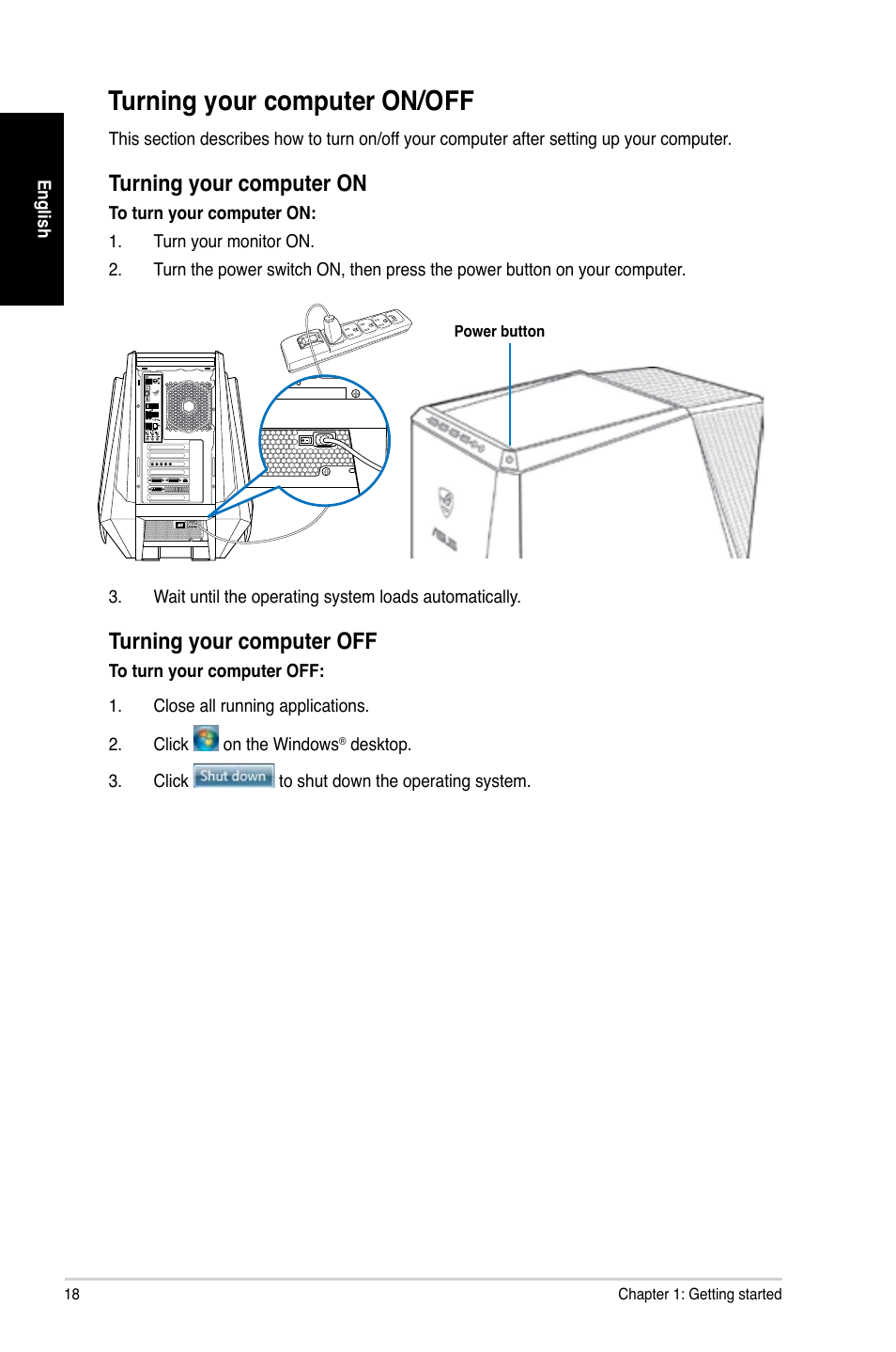 Turning your computer on/off | Asus CG8890 User Manual | Page 20 / 442