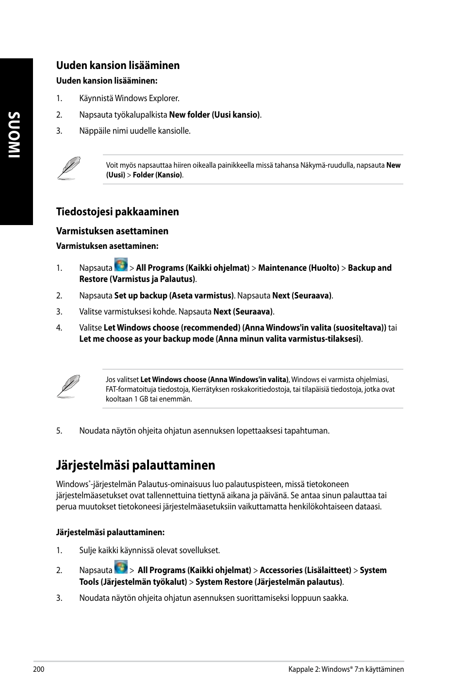 Järjestelmäsi palauttaminen, Ärjestelmäsi palauttaminen | Asus CG8890 User Manual | Page 202 / 442