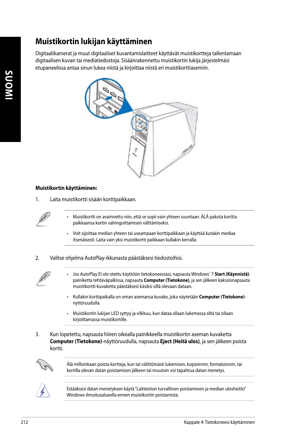 Muistikortin lukijan käyttäminen | Asus CG8890 User Manual | Page 214 / 442