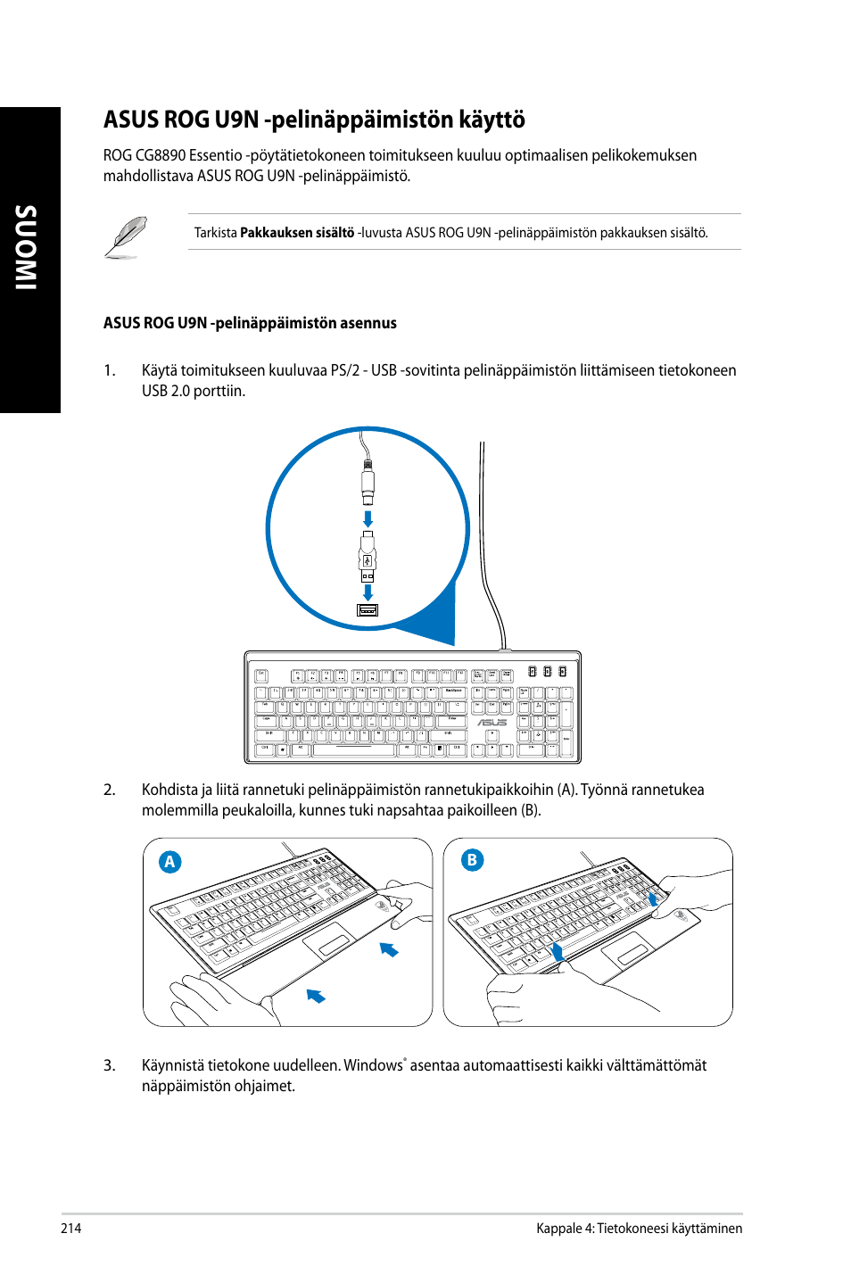 Asus rog u9n -pelinäppäimistön käyttö | Asus CG8890 User Manual | Page 216 / 442