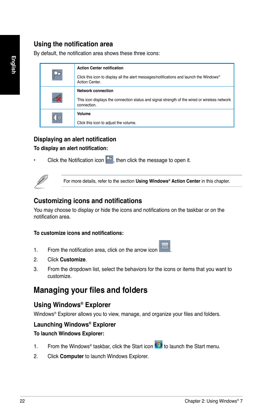 Managing your files and folders, Using the notification area, Customizing icons and notifications | Using.windows, Explorer | Asus CG8890 User Manual | Page 24 / 442