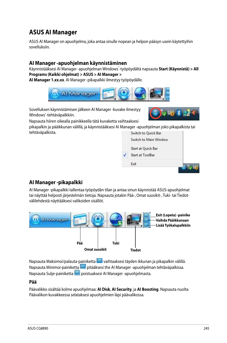 Asus ai manager, Ai manager -apuohjelman käynnistäminen, Ai manager -pikapalkki | Asus CG8890 User Manual | Page 247 / 442