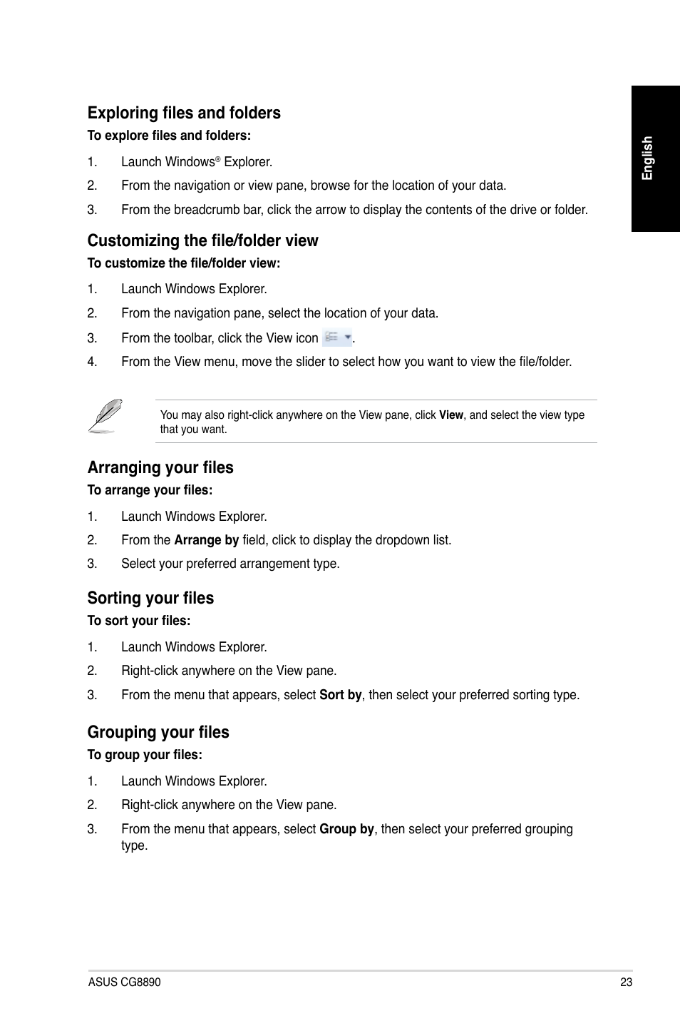 Exploring files and folders, Customizing the file/folder view, Arranging your files | Sorting your files, Grouping your files | Asus CG8890 User Manual | Page 25 / 442